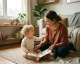 Bambino sorridente indica un libro, forse imparando a quanti mesi i bambini iniziano a parlare. Mamma felice lo osserva.