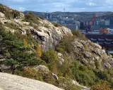 Steniga sluttningar med träd och buskar i Keillers park, med Göteborgs stad och hamnen i bakgrunden.
