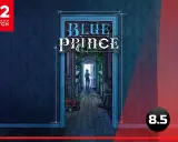 Okładka gry "Blue Prince" na Nintendo Switch. Wąski korytarz z drzwiami na końcu, przez które widać postać.