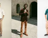 Three men showcase stylish outfits. The first wears a white shirt and camel pants. The second, a burgundy jacket over a tan turtleneck and camel pants. The third, a green plaid shirt and camel pants. These looks demonstrate what colors go with camel.