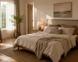 Dormitorio sereno con cama de estilo feng shui, luz natural, espejo y planta.