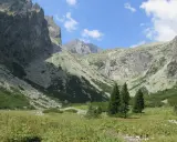 Majestatyczne szczyty otaczają dolinę zimnej wody. W oddali widać wodospad, a na zboczach zieleni się kosodrzewina.