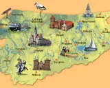Mapa turystyczna Warmii i Mazur z zamkami, jeziorami, żaglówką, kajakarzami i bocianem.