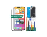 Zestaw do wymiany ekranu iPhone 13 mini: nowy wyświetlacz, narzędzia i folia ochronna.