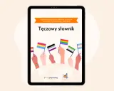 Tęczowy słownik: lista pojęć i definicji dotyczących tożsamości płciowych. Różne flagi symbolizujące społeczność LGBTQ+ wzniesione przez dłonie.