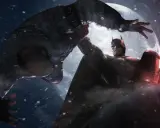 Batman z gry Batman Arkham Origins walczy z przeciwnikiem na tle księżyca.