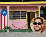 La casita rosa con bandiera portoricana, omaggio a Bad Bunny, con il cantante in primo piano.