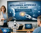 Docente presenta un seminario online sull'intelligenza artificiale per insegnanti, con un robot e schermi che mostrano concetti di AI.