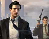 Dwóch mężczyzn w garniturach na tle miasta. Jeden z nich trzyma broń. To kadr z gry Mafia 2, idealny do poradnika.