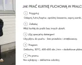 Kobieta z flagą Norwegii pokazuje, jak prać kurtkę puchową w pralce. Instrukcja krok po kroku: przygotowanie, załadunek, detergent, program i pielęgnacja po praniu.