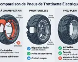 Comparaison de pneus de trottinette : pneu à chambre à air, tubeless et plein. Le pneu plein est increvable, durable, mais moins confortable. Comment monter un pneu plein sur une trottinette électrique ?