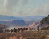 A herd of horses moves through a canyon landscape, guided by a lone rider. This scene captures the spirit of western artists.