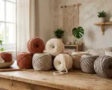 Ovillos de lana en tonos tierra y crudo, listos para crear bonitos remates de ganchillo para chales. Un ganchillo de madera descansa sobre la mesa.