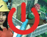 Kobieta w kasku budowlanym i czerwony symbol zasilania na tle domu z Simsów. Czas zacząć grę w The Sims Mobile!