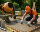 Un ouvrier utilise une règle de maçon pour niveler du béton fraîchement coulé. Il est en train de travailler sur le temps pour couler 1m3 béton seul.