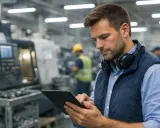 Mężczyzna w słuchawkach na szyi sprawdza tablet na hali produkcyjnej. Zastanawia się, ile zarabia planista produkcji.