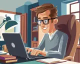 Uśmiechnięty mężczyzna w okularach uczy się programowania jak zacząć, pisząc na laptopie przy biurku.