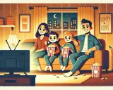 Rodzina ogląda telewizję, jedząc popcorn. Idealny wieczór z serialami do nauki angielskiego.