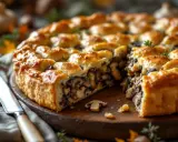 Une tourte aux champignons dorée et appétissante, coupée en part, révèle une garniture généreuse. Un couteau est posé à côté.