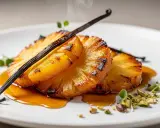 Ananas rôti à la poêle, caramélisé et fumant, garni d'une gousse de vanille et de pistaches concassées. Un délice visuel et gustatif.