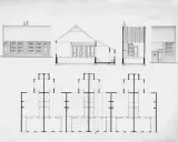 Rysunki architektoniczne: elewacje, przekrój i rzut parteru budynku. Pokazują rozmieszczenie pomieszczeń i ich całkowita powierzchnia.
