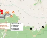 Mapa Wielkiego Kanionu z zaznaczonymi punktami widokowymi, w tym Grand Canyon Village i Visitor Center.