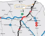 Mapa drogowa z zaznaczoną trasą S61 Suwałki - Budzisko, która jest oddana do ruchu. Widoczne są miasta takie jak Suwałki, Augustów, Ełk.