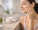 Une femme applique délicatement un sérum sur son visage, un geste simple pour apprendre comment appliquer un sérum et sublimer sa peau.