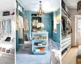 Tres vestidores cerrados: uno blanco minimalista, otro azul celeste con isla central y un tercero blanco con cajones y perchero.