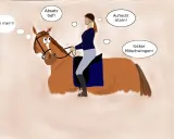 Reiterin mit Pferd, die an ihren leichten Sitz denkt: "Absatz tief!", "Aufrecht sitzen!", "locker mitschwingen!".