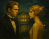 Coppia elegante davanti a una villa illuminata, evocando la trama de "Il grande Gatsby" e i suoi sogni dorati.