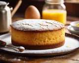 Gâteau génoise saupoudré de sucre glace, prêt à être dégusté. Les ingrédients pour sa cuisson sont visibles en arrière-plan.