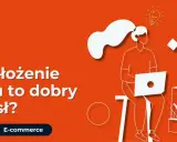 Grafika zachęca do rozważenia założenia sklepu internetowego. Kobieta z laptopem i żarówką nad głową symbolizuje pomysł na e-commerce.