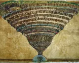 Illustrazione dettagliata de l'inferno di Dante, con i suoi gironi a imbuto e le anime dannate.