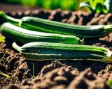 Trois courgettes vertes, fruits ou légumes, reposent sur la terre. Leurs rayures claires et leurs points blancs ressortent sur le sol brun.