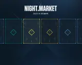Nocny rynek Valorant: sześć kart z niebieskimi, zielonymi i żółtymi ramkami, każda z symbolem rombu.