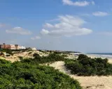 Strand von Sancti Petri mit Dünen, grüner Vegetation und Hotels am Horizont.