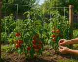 Des tomates mûres sur des plants soutenus par des fils. Une main attache un fil, montrant comment planter des tomates pour une bonne croissance.
