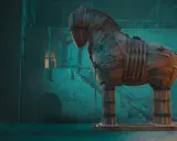 Das hölzerne trojanische Pferd, ein Symbol der List aus der Sage, steht in einer düsteren Halle.