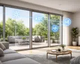 Modern living room with large sliding windows showing a patio and garden. Icons indicate smart home features like temperature control and connectivity, highlighting the **ventanas inteligentes**.