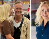 Martina Haag och hennes partner ler glatt. Han bär en väst med polisbricka.