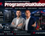 Dwie osoby prezentują platformę wsparcia klubów sportowych. Oferują pomoc w pozyskiwaniu środków, w tym subwencji, na sprzęt i infrastrukturę.