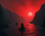 Boote gleiten durch einen blutroten Himmel, der wie eine **Fluss-Unterwelt** wirkt. Berge ragen im Nebel auf, während eine große, rote Mondscheibe den Weg erhellt.