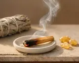 Räucherstäbchen und Harz auf einem Tisch, ein Symbol für Weihrauch im Islam.