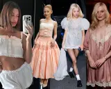 Four women showcase coquette style: Hailey Bieber in white lingerie, Ariana Grande in a peach ballgown, Rosé in a sheer white dress, and Elle Fanning in a pink satin robe.