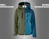 Zielona kurtka softshell i niebieska kurtka hardshell, obie z kapturem i zamkami, porównane obok siebie.
