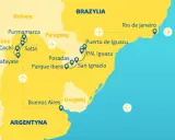 Mapa Brazylia z zaznaczonymi trasami podróży przez Argentynę, Boliwię, Paragwaj i Brazylię, z miastami jak Buenos Aires, Salta, Puerto Iguazu i Rio de Janeiro.