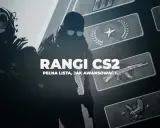 Rangi CS2: pełna lista i porady, jak awansować. Dwóch graczy w tle, na pierwszym planie ikony rang.