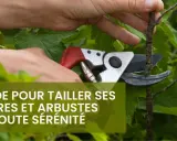 Main d'un jardinier utilisant un sécateur pour l'élagage d'un arbre. Guide pour tailler ses arbres et arbustes en toute sérénité.