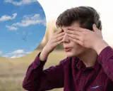Chłopiec zasłania oczy, widząc w niebie jakby pierścień weissa w oku.